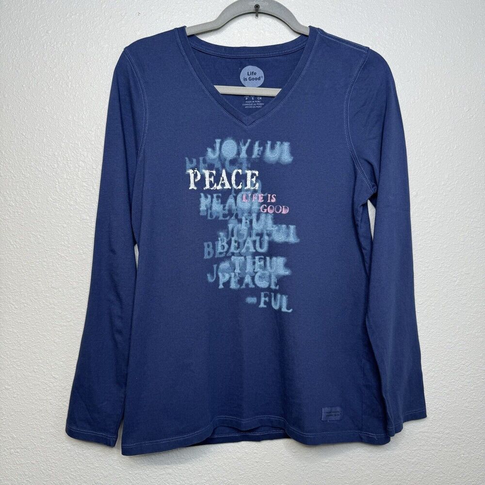 Life Is Good Classic Fit Long Sleeve T Shirt Navy Blue PEACE Women's Small